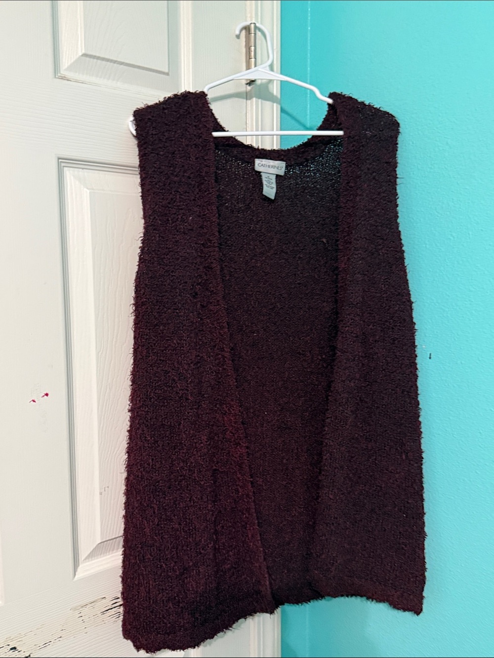 Catherines Plush Open-Front Vest in Deep Wine